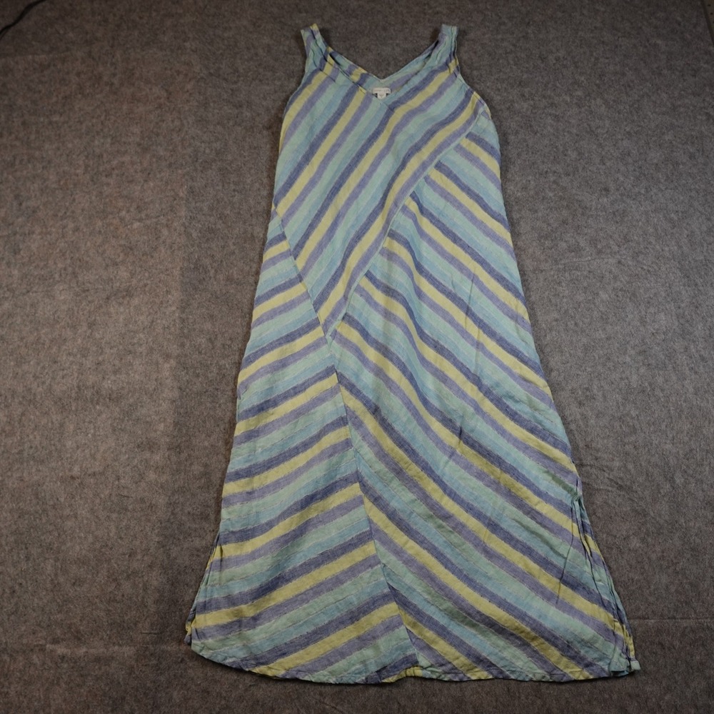 J. Jill Dress Womens Medium Linen Midi Striped Lagenlook Beachy Blue Yellow